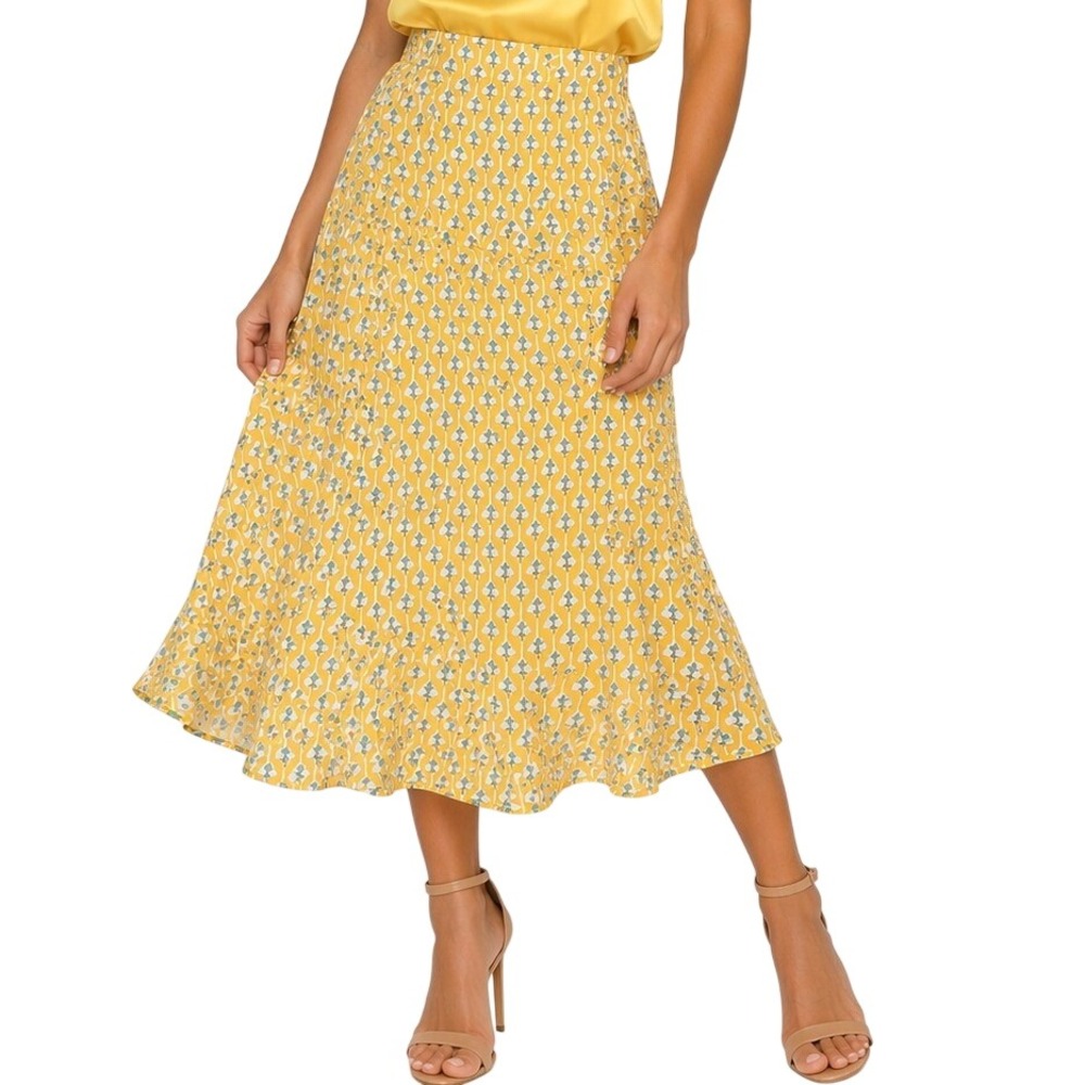 Rhode Yellow Geometric Floral Print Midi Skirt Womens Large High Waist A-Line